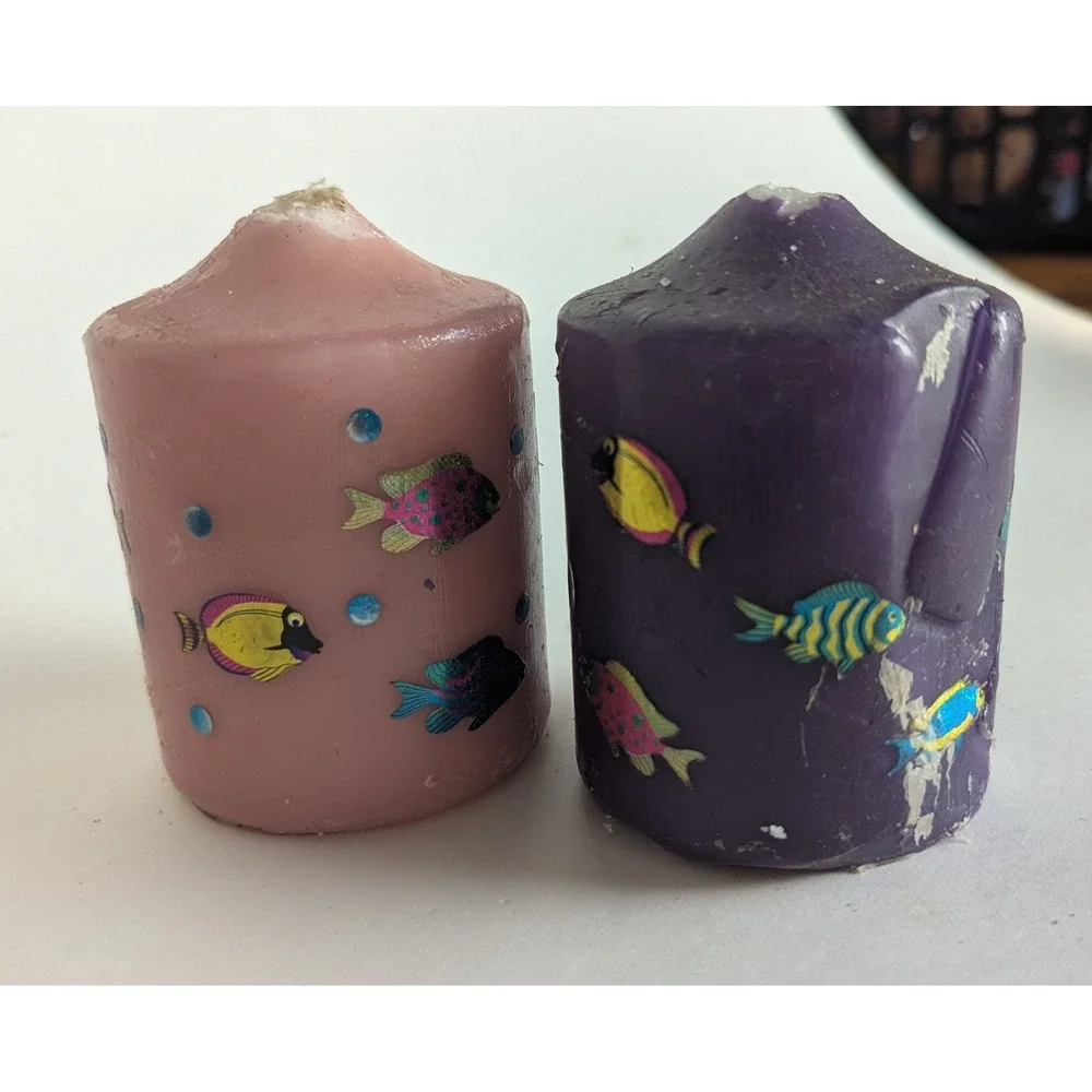 Vintage Tropical Fish Pillar Candles Pink Purple Nautical Decor Set of 2
